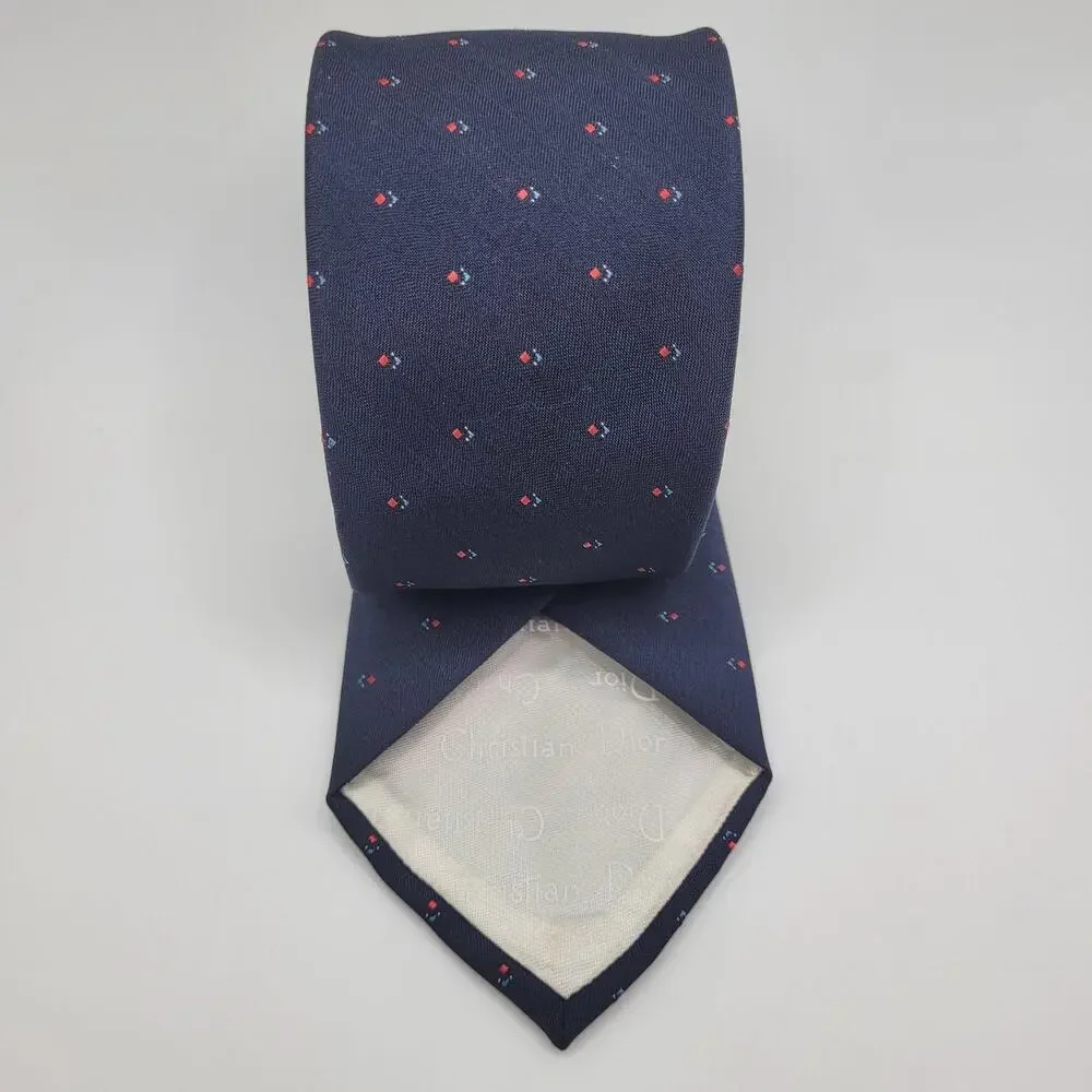 Christian Dior Tie Blue Geometric Silk Blend Logo Necktie USA Classic Designer